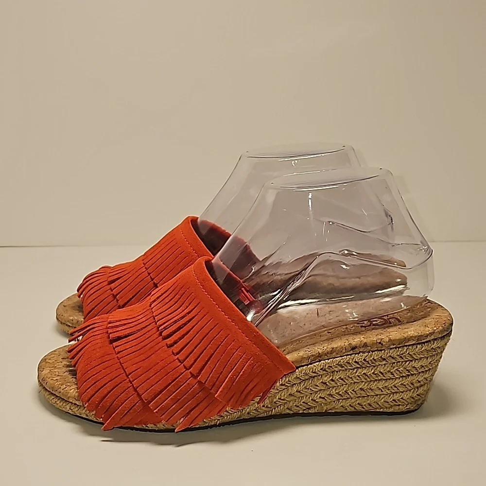UGG Kendra Wedge Sandals Slides Espadrilles Suede Leather Fringe Cork Orange 7